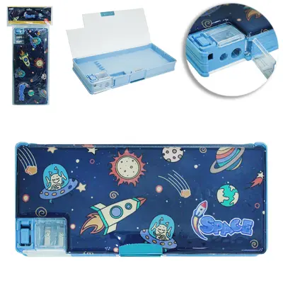 ESTOJO ESCOLAR JUVENIL RETANGULAR DUPLO SPACE COM FECHO MAGNETICO + APONTADOR 22X10X3,5CM