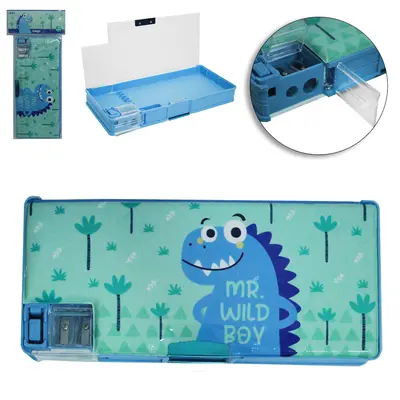 ESTOJO ESCOLAR JUVENIL RETANGULAR DUPLO DINOSSAURO COM FECHO MAGNETICO + APONTADOR 22X10X3,5CM