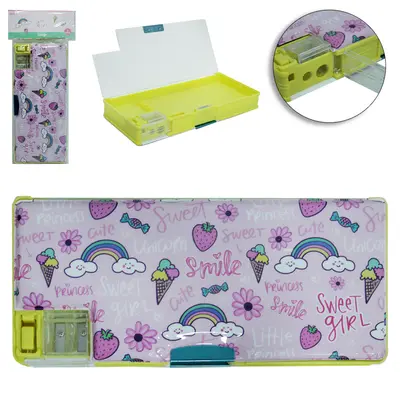 ESTOJO ESCOLAR JUVENIL RETANGULAR DUPLO SWEET GIRL COM FECHO MAGNETICO + APONTADOR 22X10X3,5CM