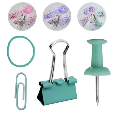 KIT ESCRITORIO COM CLIPS + BINDERS + ELASTICO E ALFINETE / TACHINHA PARA MAPA E CORTICA 57 PECAS NO ESTOJO
