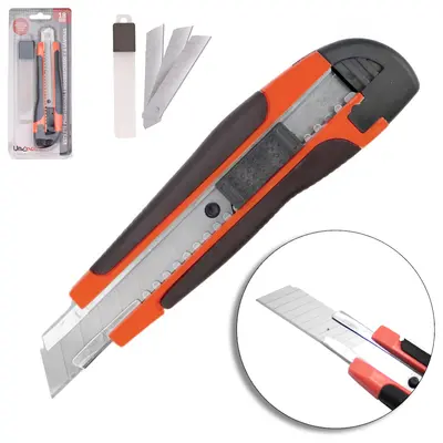 ESTILETE LAMINA LARGA 18MM DE PLASTICO EMBORRACHADO COM TRILHO DE METAL + REFIL COM 3 LAMINAS PROFISSIONAL