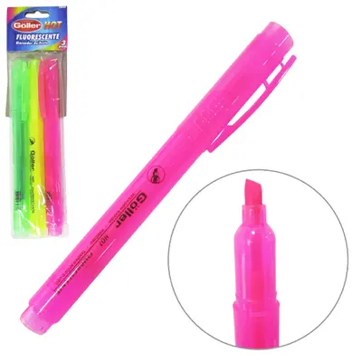 CANETA MARCA TEXTO AMARELO / ROSA / VERDE FLUORESCENTE HOT COM 3 PECAS