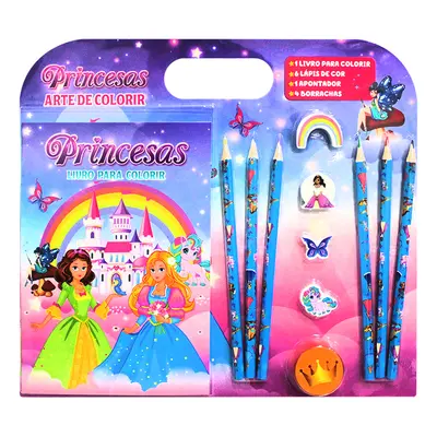 LIVRO PRINCESAS ARTE DE COLORIR COM 6 LAPIS DE COR + APONTADOR E 4 BORRACHAS