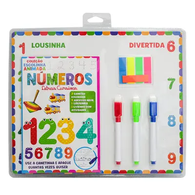 LIVRO COLECAO ESCOLINHA ANIMADA NUMEROS LETRAS CURSINAS COM QUADRO / LOUSA BRANCA+3 CANETA+100 MARCADOR PAGINA