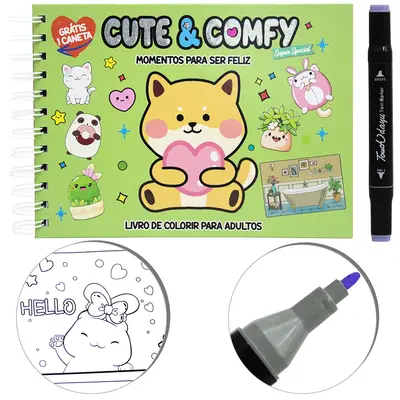 LIVRO CUTE & COMFY MOMENTOS PARA SER FELIZ PARA COLORIR COM CANETA CAPA DURA ESPIRAL 40 PAGINAS 22X16CM