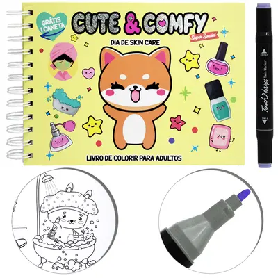 LIVRO CUTE & COMFY DIA DE SKIN CARE PARA COLORIR COM CANETA CAPA DURA ESPIRAL 40 PAGINAS 22X16CM