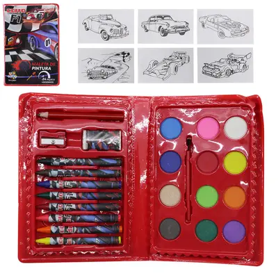 ESTOJO MALETA ESCOLAR CARRO F1 COM AQUARELA + GIZ DE CERA E ACESSORIOS 24 PECAS