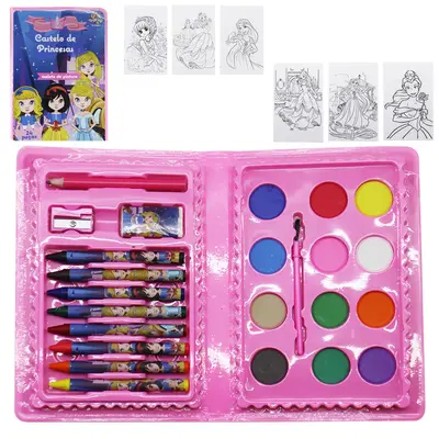 ESTOJO MALETA ESCOLAR CASTELO DE PRINCESAS COM AQUARELA + GIZ DE CERA E ACESSORIOS 24 PECAS