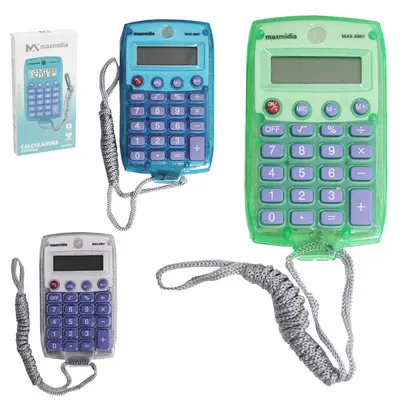 CALCULADORA ELETRONICA 8 DIGITOS DE BOLSO TRANSCOLOR COM CORDAO A BATERIA MAXMIDIA 11,3X5,9CM
