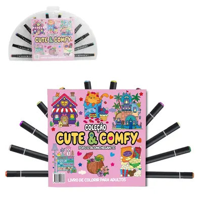 LIVRO COLECAO CUTE & COMFY FOFO ACONCHEGANTE PARA COLORIR COM 12 CANETAS DUPLA 48 PAGINAS 21X21CM