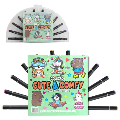 LIVRO COLECAO CUTE & COMFY FOFO ACONCHEGANTE PARA COLORIR COM 12 CANETAS DUPLA 48 PAGINAS 21X21CM
