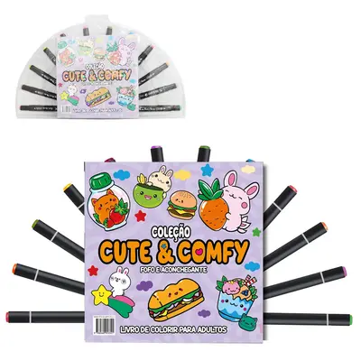 LIVRO COLECAO CUTE & COMFY FOFO ACONCHEGANTE PARA COLORIR COM 12 CANETAS DUPLA 48 PAGINAS 21X21CM
