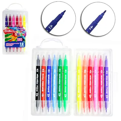 CANETA HIDROGRAFICA / HIDROCOR PONTA GROSSA E FINA DUPLA STUDIO COLOR COM 12 PECAS NA MALETA