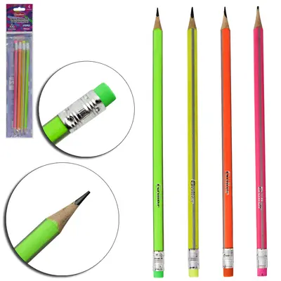 LAPIS GRAFITE HB TRIANGULAR COM BORRACHA STRIPES NEON COM 4 PECAS 19CM