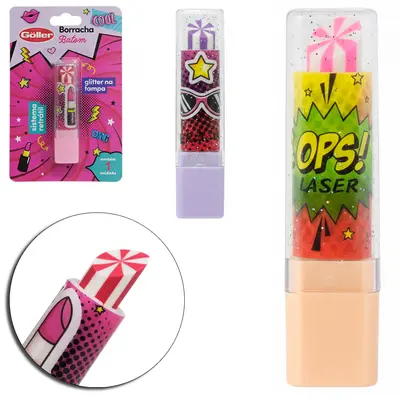 BORRACHA ESCOLAR BATOM RETRATIL COM GLITTER + TAMPA
