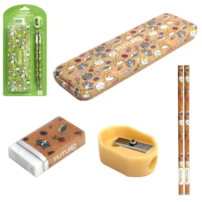 KIT ESCOLAR PETS COM ESTOJO DE METAL / LATA + 2 LAPIS GRAFITE HB REDONDO + BORRACHA E REGUA