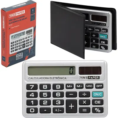 MINI CALCULADORA ELETRONICA 8 DIGITOS DE BOLSO COM CAPA YINS PAPER A BATERIA / SOLAR 8X5,4CM