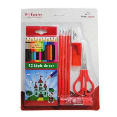 KIT ESCOLAR COM 12 LAPIS DE COR + 4 LAPIS GRAFITE + APONTADOR + BORRACHA + COLA E TESOURA WIN PAPER