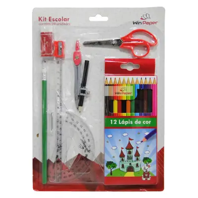 KIT ESCOLAR 12 LAPIS DE COR + LAPIS GRAFITE / APONTADOR / BORRACHA / REGUA / ESQUADRO / TRANSFERIDOR / COMPASSO / TESOUR