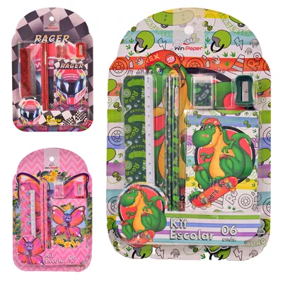 KIT ESCOLAR COM 2 LAPIS GRAFITE REDONDO + APONTADOR + BORRACHA + REGUA E CADERNETA WIN PAPER