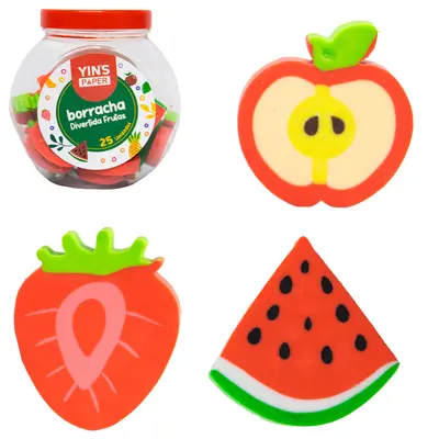 BORRACHA ESCOLAR FRUTAS YINS PAPER COM 25 PECAS NO POTE BALEIRO DE PLASTICO COM TAMPA