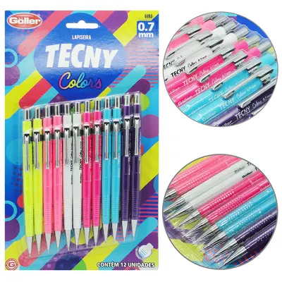 LAPISEIRA TECNICA TECNY COLORS 0.7MM COM BORRACHA COM 12 PECAS NA CARTELA