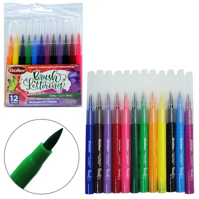 CANETA HIDROGRAFICA PINCEL BRUSH LETTERING COM 12 CORES