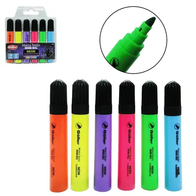CANETA MARCA TEXTO MINI BIG NEON FLUORESCENTE COM 6 PECAS