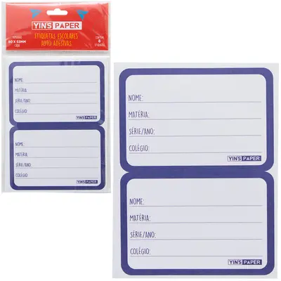 ETIQUETA AZUL AUTOADESIVA ESCOLAR YINS PAPER COM 8 PECAS 80X53MM