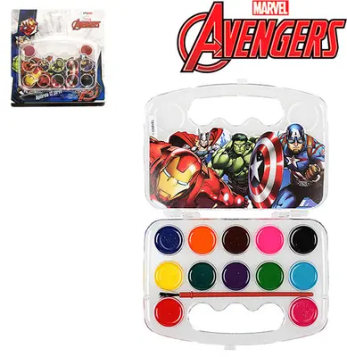 AQUARELA COM 12 CORES SORTIDAS + PINCEL VINGADORES/AVENGERS 15,5X11CM NA CARTELA