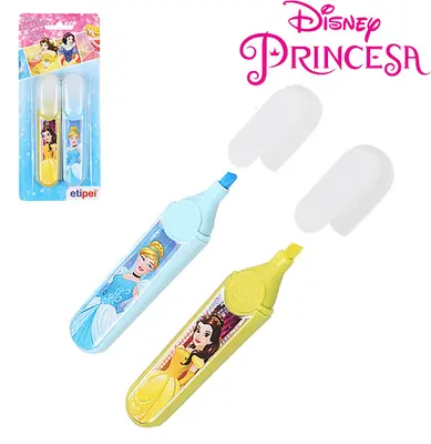 CANETA MARCA TEXTO AZUL/AMARELO COM 2 PECAS PRINCESAS NA CARTELA