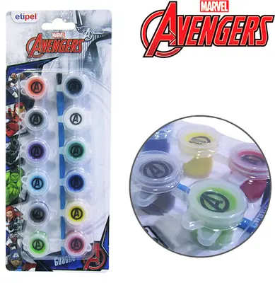 TINTA GUACHE COM 12 CORES SORTIDAS + PINCEL VINGADORES/AVENGERS NA CARTELA