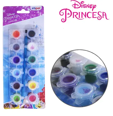 TINTA GUACHE COM 12 CORES SORTIDAS + PINCEL PRINCESAS NA CARTELA
