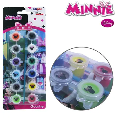 TINTA GUACHE COM 12 CORES SORTIDAS + PINCEL MINNIE NA CARTELA