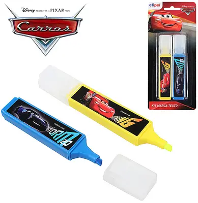 CANETA MARCA TEXTO INFANTIL AMARELO/AZUL CARROS COM 2 PECAS NA CARTELA
