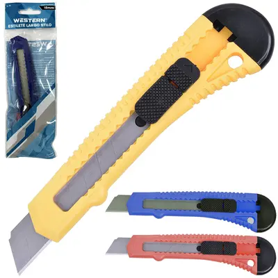 ESTILETE LAMINA LARGA 18MM DE PLASTICO COLORS 15CM NA CARTELA