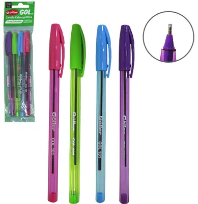 CANETA ESFEROGRAFICA GOL 1.0MM ESCRITA MEDIA COLORS COM 4 PECAS NA SOLAPA