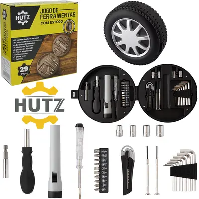 KIT FERRAMENTA COM LANTERNA A PILHA + ESTILETE E ACESSORIOS HUTZ 29 PECAS NO ESTOJO RODA FRM