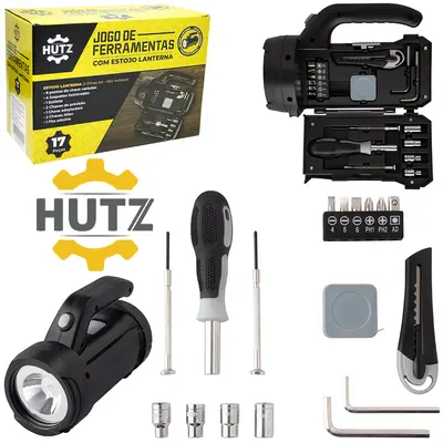 KIT FERRAMENTA COM ESTILETE + TRENA E ACESSORIOS 17 PECAS NO ESTOJO LANTERNA A PILHA FRM