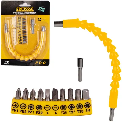 CABO EXTENSOR FLEXIVEL COM 10 BITS + ADAPTADOR PARA PARAFUSADEIRA AMARELO PRO