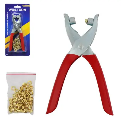 ALICATE PARA ILHOS 5,5'' CABO VERMELHO + 100 ILHOSES