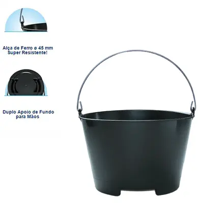 BALDE DE PEDREIRO DE PLASTICO REDONDO PRETO COM APOIO E ALCA DE METAL 10L 22X29CM DE Ø