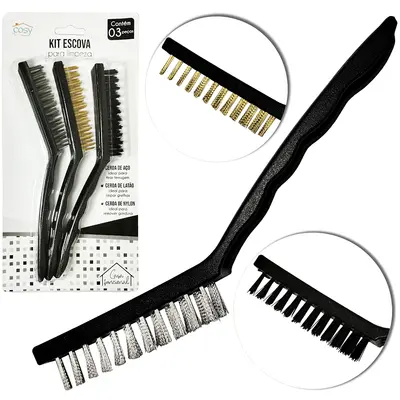 ESCOVA DE ACO / NYLON CABO PLASTICO COM 3 PECAS 21CM