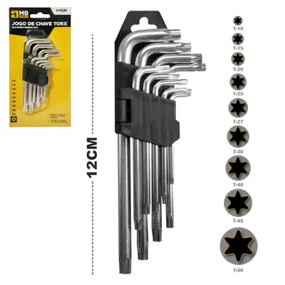 JOGO DE CHAVE TORX 9 PECAS COM FURO GUIA + SUPORTE MB TOOLS