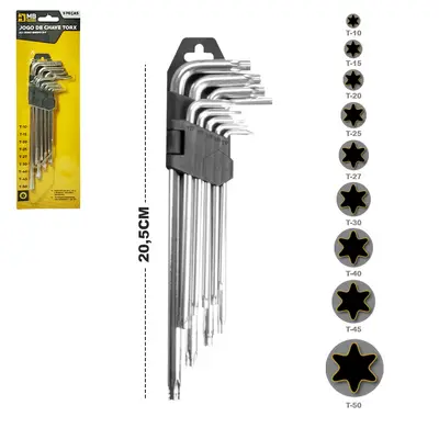 JOGO DE CHAVE TORX 9 PECAS COM FURO GUIA + SUPORTE MB TOOLS