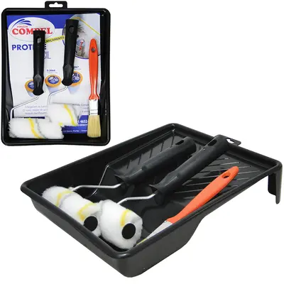 KIT BANDEJA DE PINTURA COM PINCEL / TRINCHA + 2 ROLO DE LA DE CARNEIRO CABO METAL/PLASTICO
