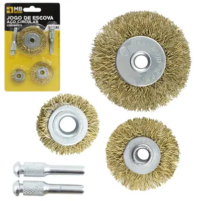 ESCOVA DE ACO ONDULADAS CIRCULAR COM 3 PECAS + 2 HASTES MB TOOLS