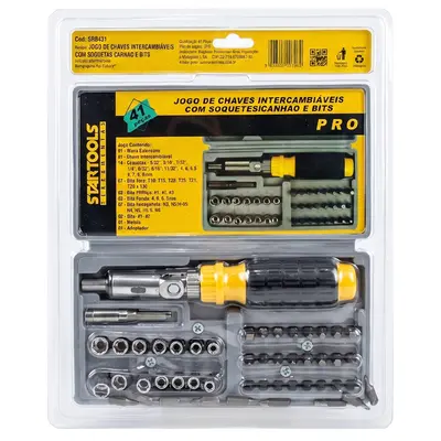 JOGO DE CHAVE INTERCAMBIAVEIS ARTICULADAS COM CATRACA REVERSIVEL COM CANHAO/SOQUETE + BITS PRO 41 PECAS NA MALETA