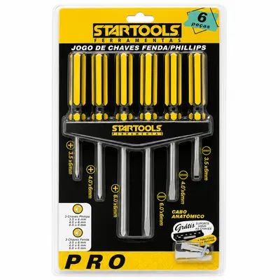 JOGO DE CHAVE DE FENDA E PHILIPS CABO PLASTICO PRO 6 PECAS + SUPORTE