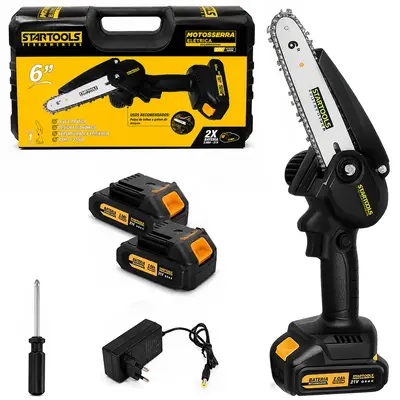 MINI MOTOSSERRA ELETRICA 6'' RECARREGAVEL 21V 400W BIVOLT COM CARREGADOR+2 BATERIAS E CHAVE PHILIPS MALETA
